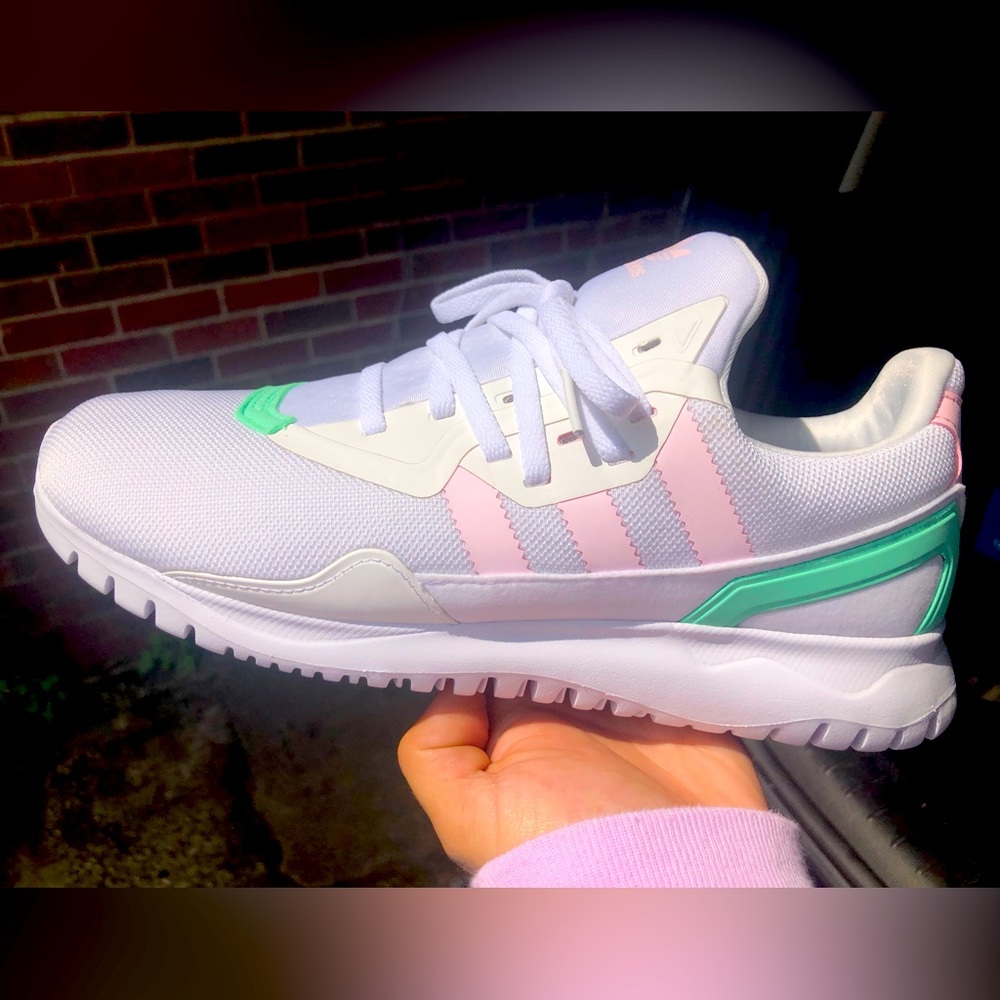 Adidas white pink and sea foam green